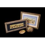 A collection of Persian works of art, comprising three framed pictures , two of polo match the other
