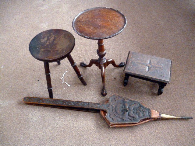 A Victorian mahogany milking stool, together with a pair of fire bellows, a small oak stool and a