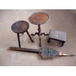 A Victorian mahogany milking stool, together with a pair of fire bellows, a small oak stool and a