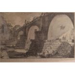 After Piranesi, a later reprinted engraving of a viaduct, with text below, together with a reprinted