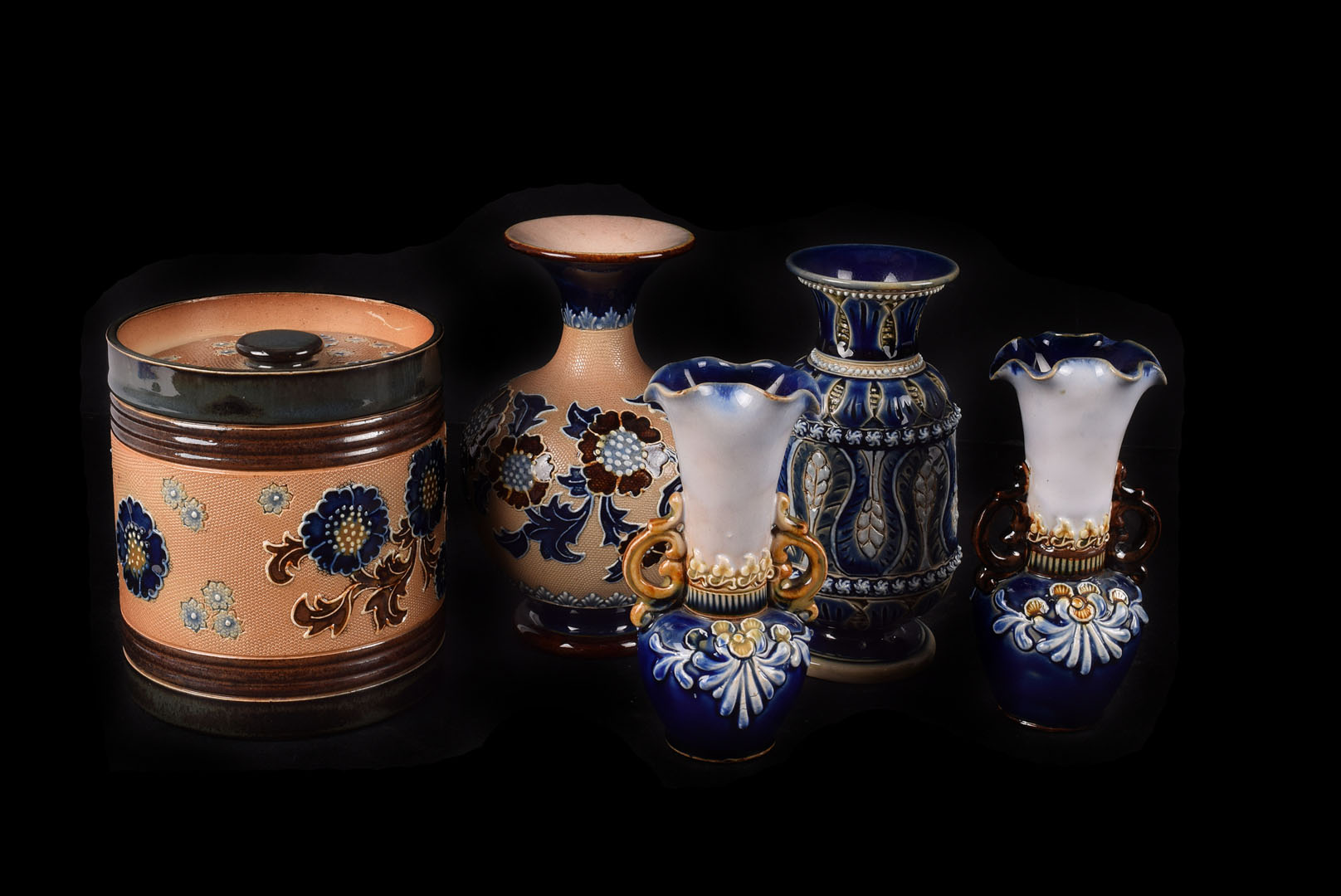 A Doulton Lambeth ware blue vase, 14cm high together with a similar 15cm example a pair of small