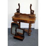 A Victorian walnut and satinwood toilet mirror, together with a late Victorian dressing table, loose