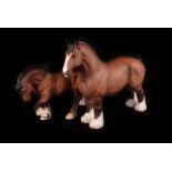 Three Beswick Horses, consisting of a bay with white socks heavy/shire horse standing CH Burnham