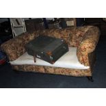 A vinatge Chesterfield sofa, on bun feet, later upholstered, together with a vintage travel case (