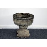 A vintage concrete garden urn, the plant stand in two sections, chipped (2)