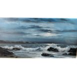 D.Smith, 20th Century acrylic on canvas, Moonlight costal scene, 39 cm x 65cm, signed lower right,