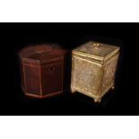 A 19th century fruitwood tea caddy, octagonal form with inlaid bands and star design to cover,