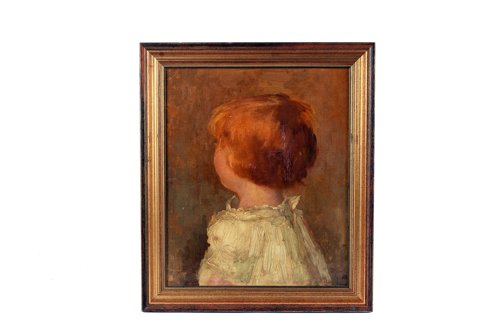 An impressionistic oil on canvas, now laid on board, depicting the shoulders and head of a young boy