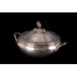 A French electroplated twin handled tureen, with reed and stitch border, to a bud finial, 16cm