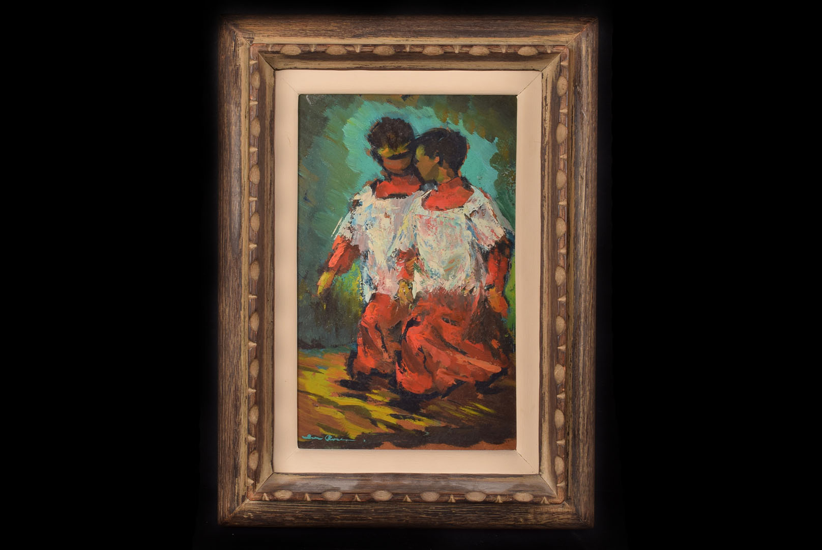 Ivor Rose oil on board, of two choir boys in flowing red cassocks and white alb walking together