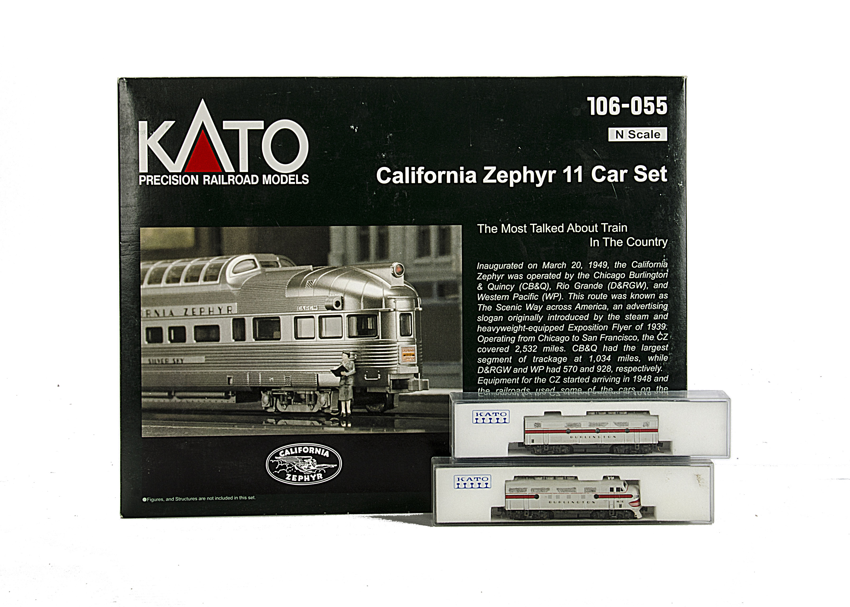 American N Gauge Burlington Diesel Locomotives and California Zephyr Coach Set by Kato, including F7