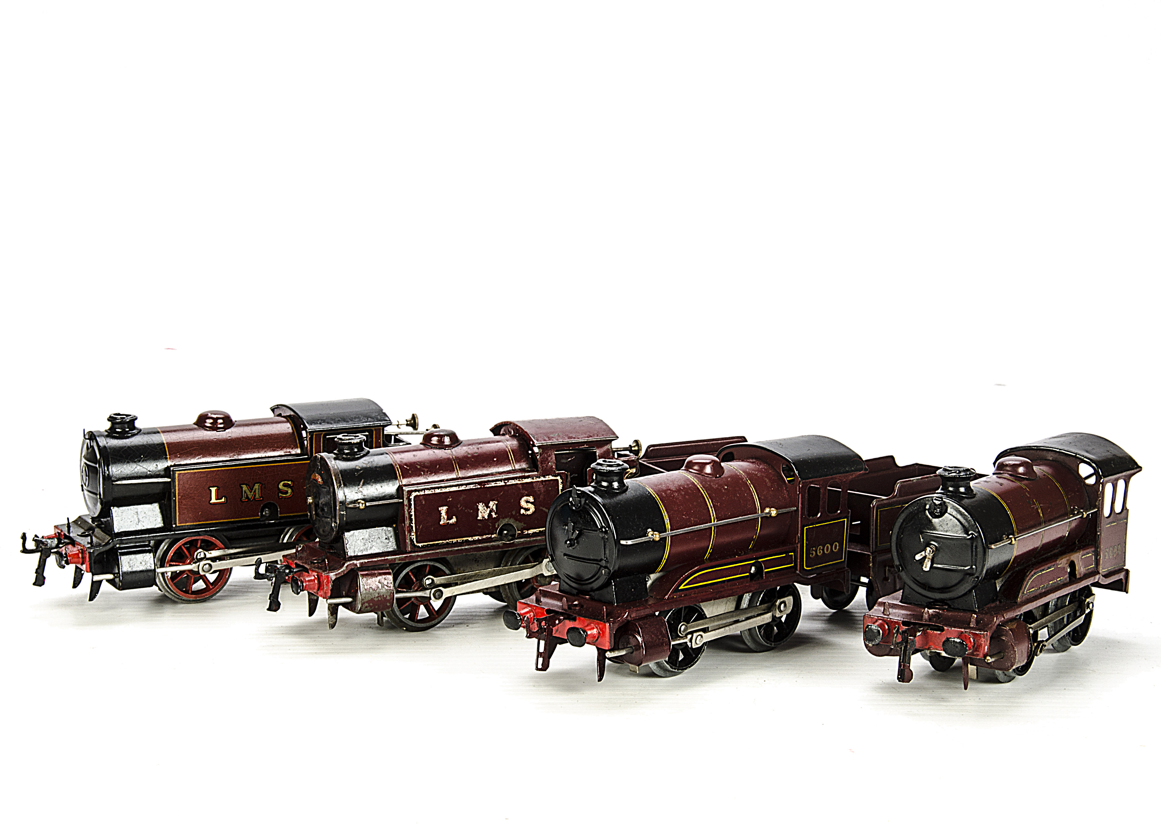 Hornby O Gauge LMS maroon Clockwork Locomotives, including pre- and post-war no 1 tender locomotives