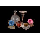 A silver and silver plate mounted glassware, including a pair of toiletry bottles, a spill vase, a