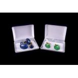 A pair of lapis lazuli oval cufflinks, another pair and a pair of green cufflinks (6)