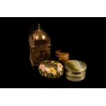 A group of collectables, including lacquer boxes, a green onyx box, three Sadie Gibb ribbon