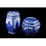 Four blue and white Maling ware tea caddies, all decorated in various castles and abbeys,