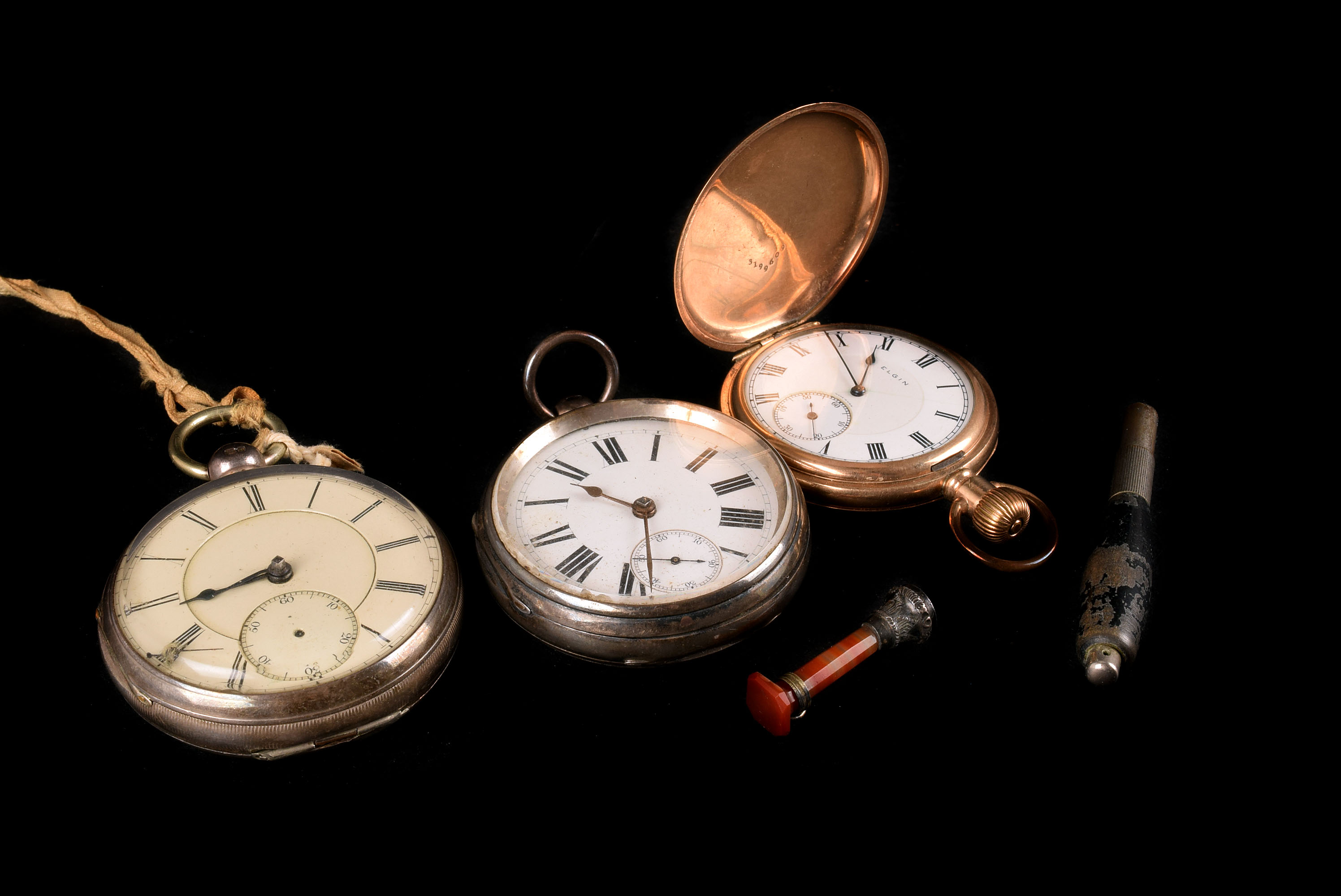 Two Victorian open faced pocket watches, one an English lever example, together with an Elgin gold