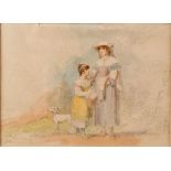 Anthony Thomas Devis (1729-1817) pencil and watercolour sketch of a lady and girl with basket