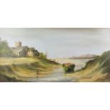 L.W. Mee oil on board, signed lower right, estuary scene with boat to creek bed and church in