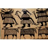 A Senufo 'Mud Cloth' painting, from the Ivory coast and depicting stylised animals, believed to