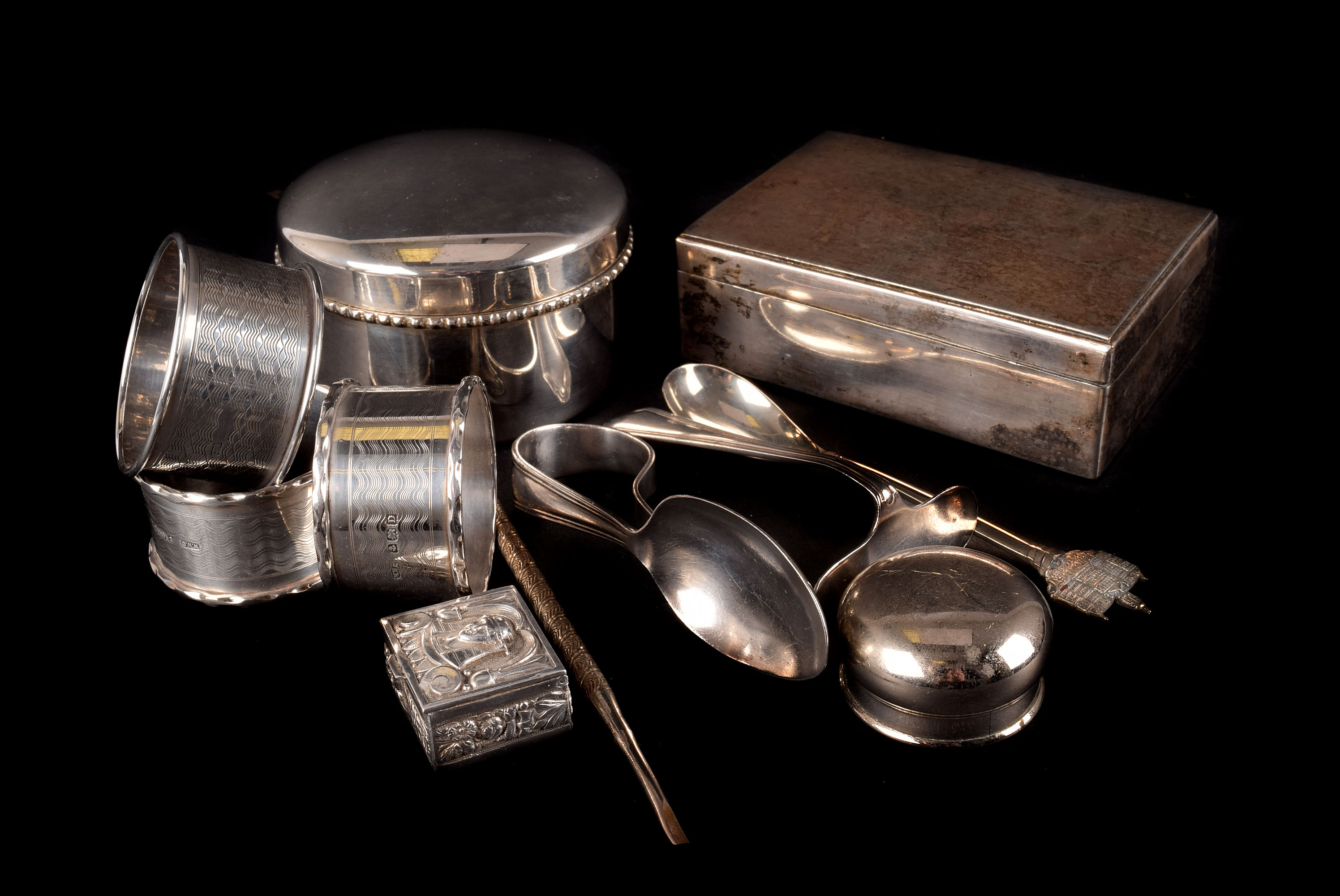 A collection of silver, white metal and other items, including a cased Christening set, a small desk