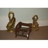 A Brass Swan door stop, and similar example with a pair of partridges sat under foliage together