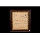A 19th century needlework sampler, having religious text to the top and decorated with a