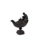 A Wedgwood black basalt oil lamp, in the Neo Classical style, the lamp surmounted with a classical