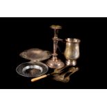 A collection of silver plated items, including candleholders, a tankard, trays, flatware and other