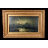 Oil on canvas, depicting a lake scene at dusk with the silhouettes of fishermen and their boats,