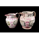 Two graduated Sunderland pink lustre Masonic jugs, together with two other pink lustre jugs having