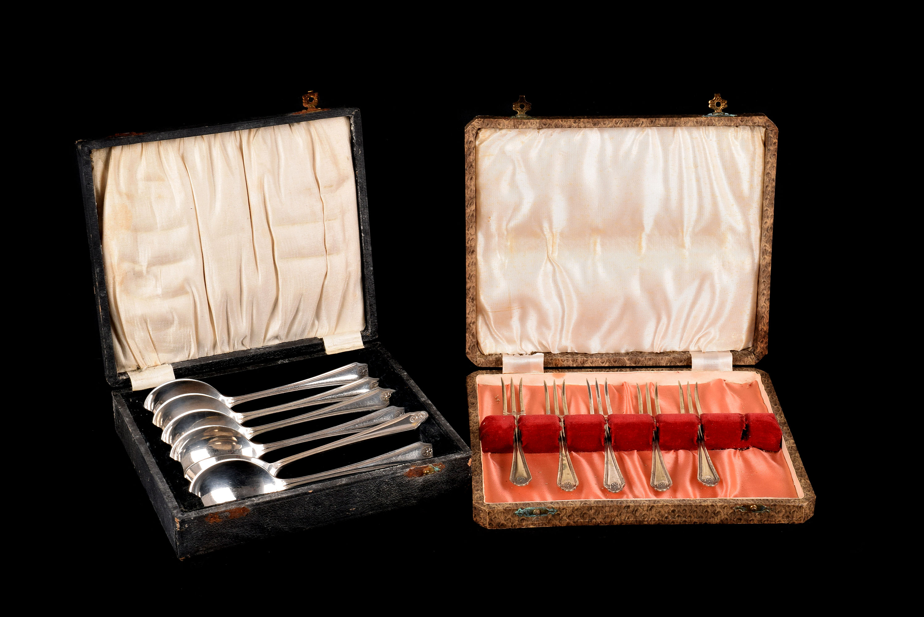 A vast collection of silver plated and other flatware, in two boxes, including many cased sets and