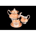 An early to mid-19th century porcelain part tea service, for six people, in salmon pink and white