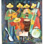 Carlos Dias (b.1951) acrylic on canvas, of a Peruvian band in wide brimmed yellow hats 68cm x