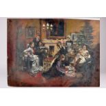 An oil on board study of an Edwardian Christmas party scene, with figures in period dress, and