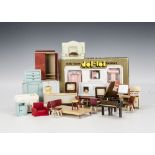 Post-war dolls’ house furniture: a Tri-ang Spot-On wooden 1960s bedroom and dining room set; Dol-Toi