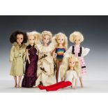 Six 1970s Sindy dolls: four blondes, one ash blonde and one brunette, wearing 1981 Ballgown, 1982