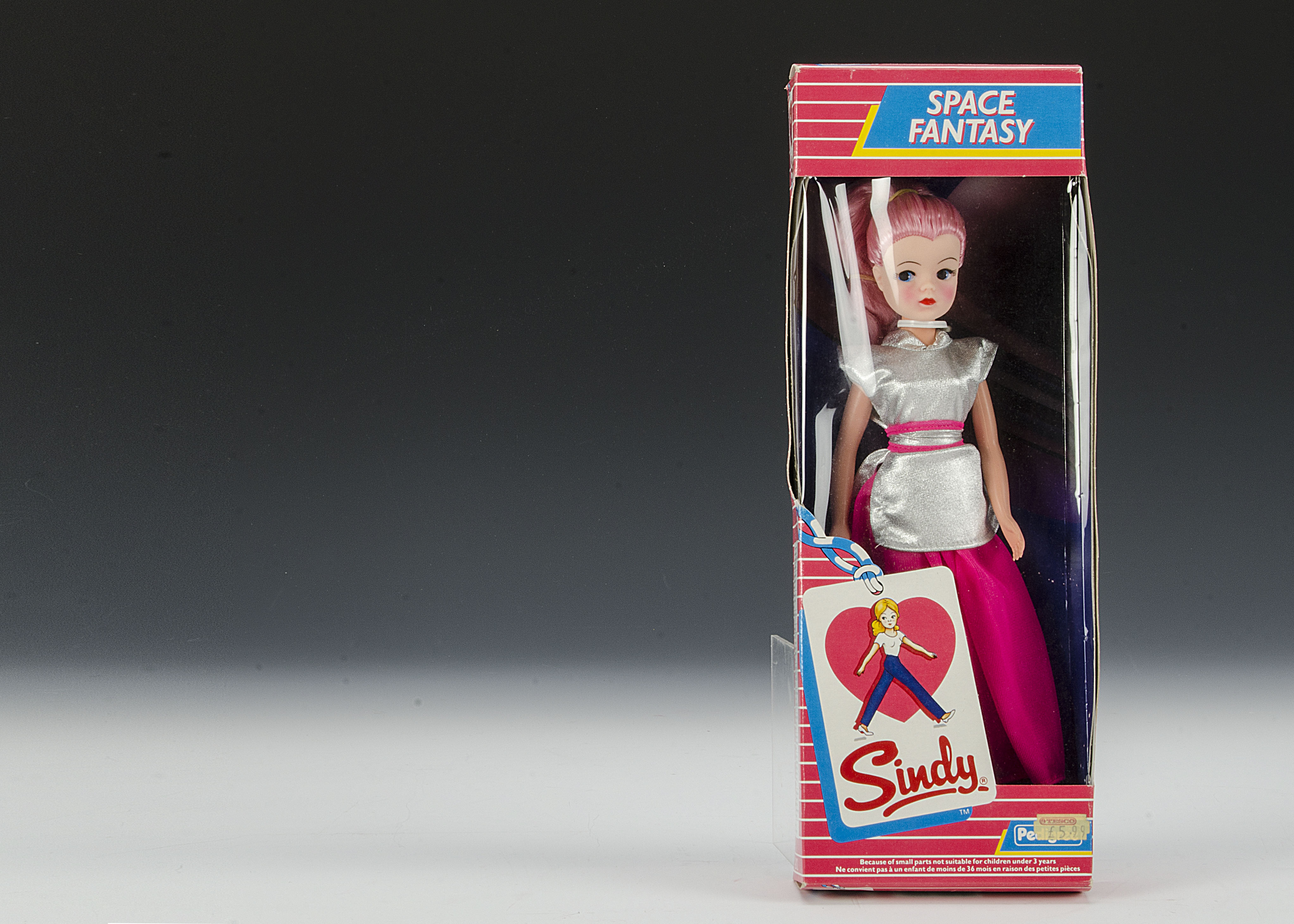 A Pedigree Space Fantasy Sindy, No.42012, 1985, with pink hair, in original pink and white striped