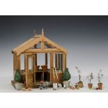 A dolls’ house greenhouse, of recent manufacture, teak and glass with opening door and lift off roof