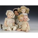 Five dolls: a German 201 composition baby doll - 14in. (35.5cm.) high (flake to forehead); another