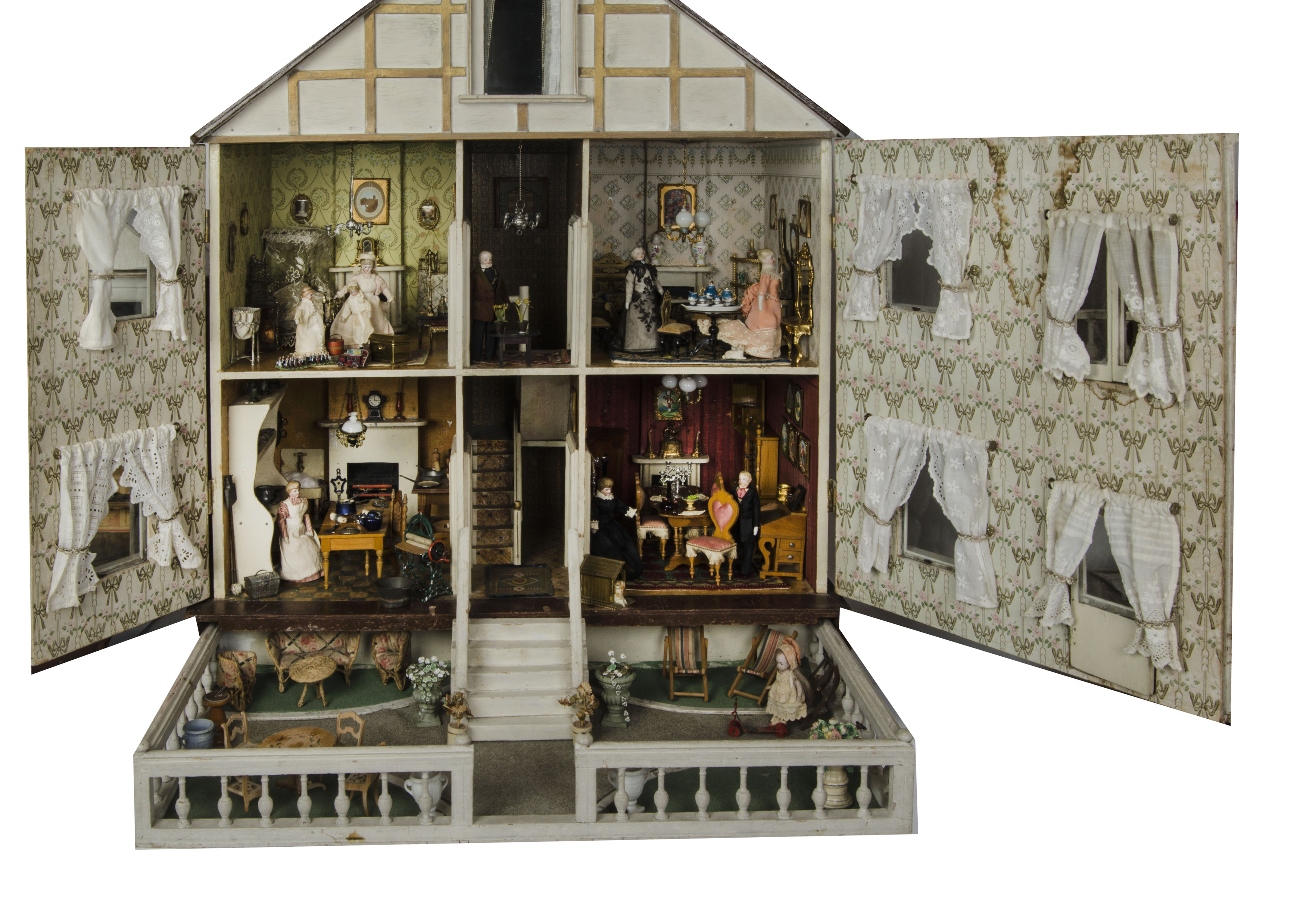 Penrhyn House, a large and unusual G & J Lines dolls’ house with coach house and pull-out garden,