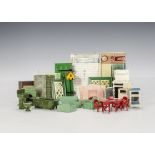 Metal dolls’ house furniture: cast-metal - three piece suite, dark green bathroom suite and a