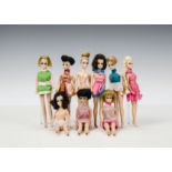 Nine Topper Dawn and friends dolls: seven in original short dresses, two naked dolls (some wear)