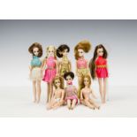 Eight Topper Dawn and friends dolls: six in original short dresses, two naked dolls (some wear)