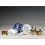 Doll’s china: five French transfer printed soup bowls with children playing; two English blue and