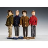 Four Paul dolls 1960s: two with ‘real’ hair and one with smaller head, wearing with two extra