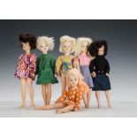 Six 1960s Sindy dolls: four blondes and two brunettes, wearing Lunch Date, Smock Dress, 1972