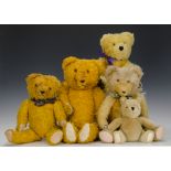 Three Continental post-war teddy bears: one mohair, two cotton plush and all jointed - 23in. (58cm.)