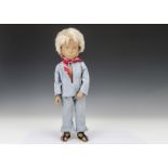 A Trendon Sasha doll Gregor Fair Blue Suit, 302, with light blonde hair, pale denim trouser suit,