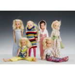 Six 1970s Sindy dolls: five blondes, one with sleeping eyes and one brunette, wearing Seaside